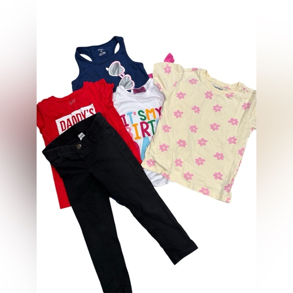 259. Assorted Girls Size 4 Tops & Tee Pack — Pink Floral, Navy, Red, White